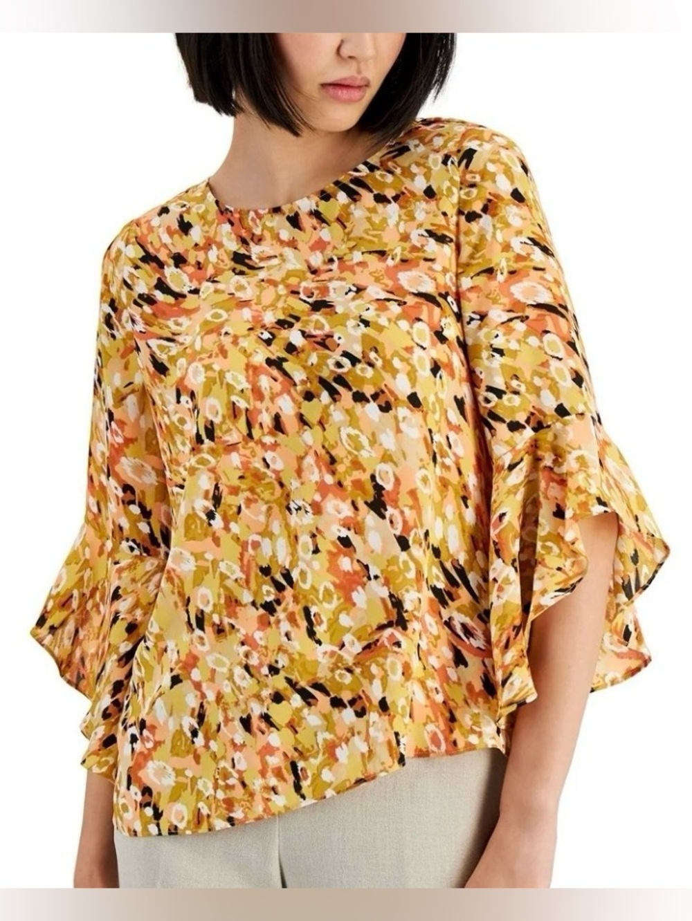 Kasper Floral Print Ruffle Sleeve Blouse in Mustard and Peach